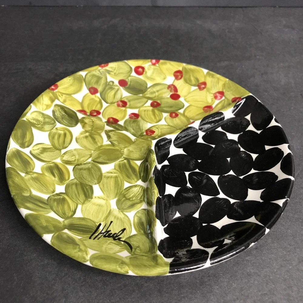Hand Painted Studio Art Pottery Divided Olive Dish Black Green 7